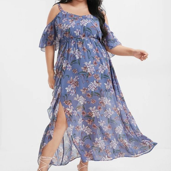 BloomChic Dresses & Skirts - NWT Floral Ruffled Split Cold Shoulder Maxi Dress sz 14/16